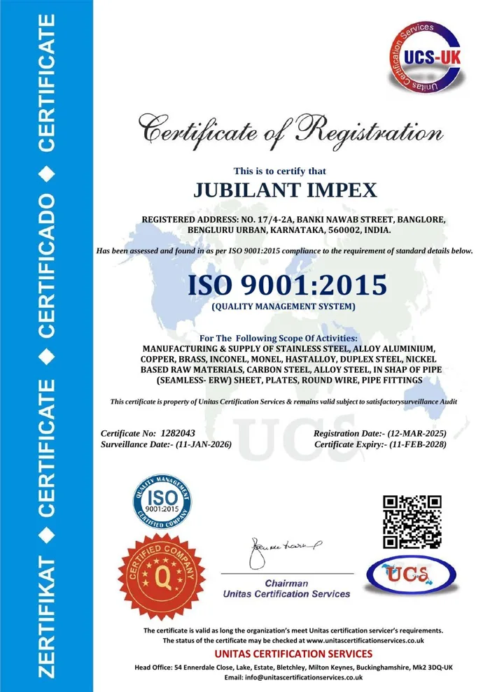 Jubilant Impex ISO 9001:2015 certificate
